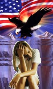 Affiche d'une aigle républicain (USA) s'attaquant à une femme en difficulté